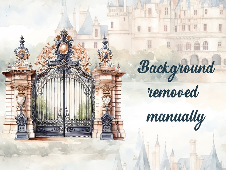 May include: A watercolor illustration of a large, ornate iron gate with gold accents. The gate is set against a backdrop of a watercolor painting of a castle.