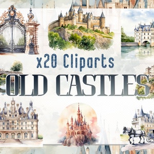 May include: A collection of 20 watercolor illustrations of old castles. The illustrations feature various styles of castles, including a gate, a castle on a hill, a castle with a bridge, and a castle with a carriage.