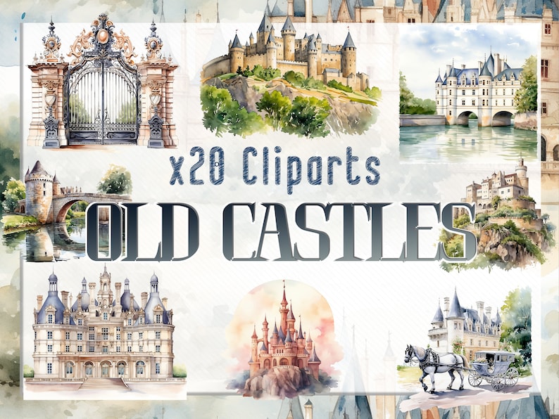 May include: A collection of 20 watercolor illustrations of old castles. The illustrations feature various styles of castles, including a gate, a castle on a hill, a castle with a bridge, and a castle with a carriage.