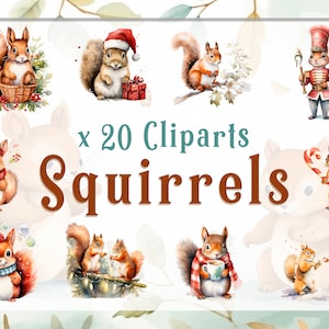 Watercolor Squirrels Illustrations | Clipart PNG Squirrels Bundle | Christmas Squirrels Clipart Bundle, Instant Digital Download