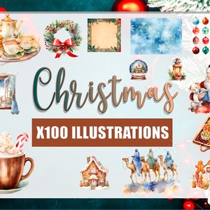 Watercolor Christmas Clipart bundle, PNG Christmas Illustrations for Scrapbooking or Cards, Christmas Mega Bundle, Christmas Backgrounds