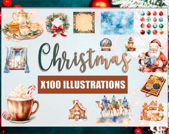 Watercolor Christmas Clipart bundle, PNG Christmas Illustrations for Scrapbooking or Cards, Christmas Mega Bundle, Christmas Backgrounds