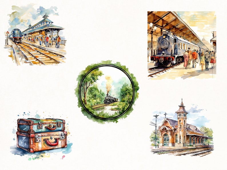 以下が含まれることがあります： 駅に列車が到着する様子を描いた水彩画。プラットフォームには人々が待ち、荷物も置かれている。絵はヴィンテージ調である。