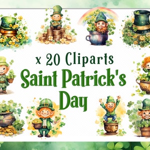 Peut inclure: Un ensemble de 20 images clipart numériques illustrant des lutins dans différentes poses, tenant des pots d'or, portant des chapeaux et entourés de trèfles. Le texte "x 20 Cliparts Saint Patrick's Day" est affiché au centre de l'image.