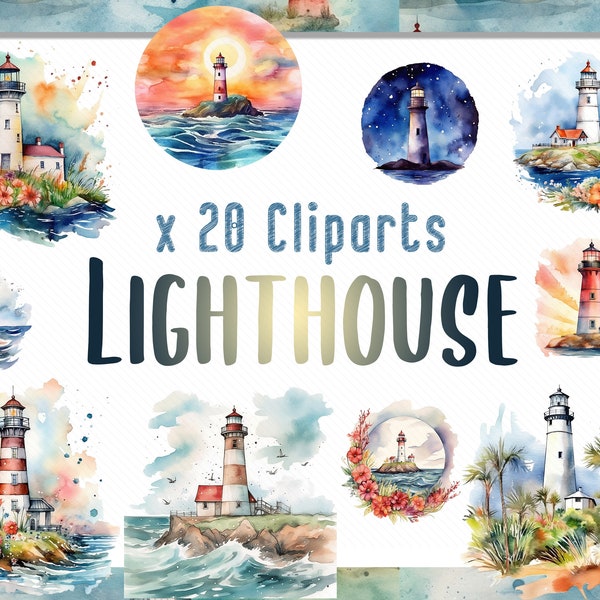 Watercolor Lighthouse Clipart bundle, PNG cliparts on theme lighthouses for creative projects, Clipart Lighthouse, Instant Download