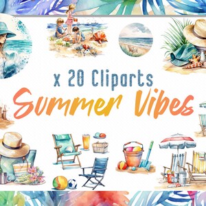 Sommer Aquarell Clipart Bundle, Aquarell Strand und Sommer Thema PNG für kreative Projekte, Strand Clipart, Sofortiger Download