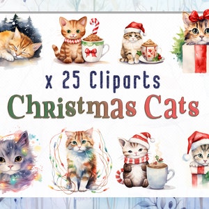 Watercolor Christmas Cats Clipart bundle, Watercolor Cats PNG for Scrapbooking or Cards, Instant Download, Christmas Cat Theme Illustrations