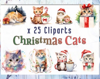 Watercolor Christmas Cats Clipart bundle, Watercolor Cats PNG for Scrapbooking or Cards, Instant Download, Christmas Cat Theme Illustrations