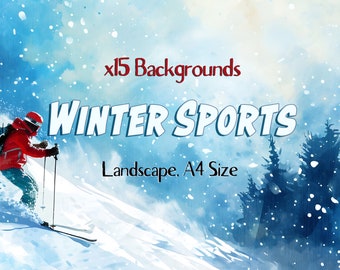 Watercolor Winter Sports Backgrounds, Skiing, Hockey, Snowboard Texture Background for Winter, Creative Projects, A4 Size