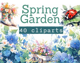 May include: A digital illustration of 40 spring garden clipart images. The image features a variety of flowers, including bluebells, daisies, and roses. There are also images of a ladybug, a wheelbarrow filled with flowers, and a pair of rain boots with flowers in them. The text "Spring Garden 40 clip arts" is written in green letters on a teal background.