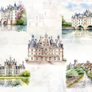 May include: A watercolor painting of five French castles. The castles are depicted in a white and gray color scheme with blue accents. The castles are surrounded by lush green trees and water.