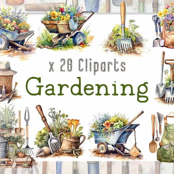 Watercolor Gardening Clipart bundle, Watercolor Gardenings Tools PNG for Scrapbooking or Cards, Instant Download