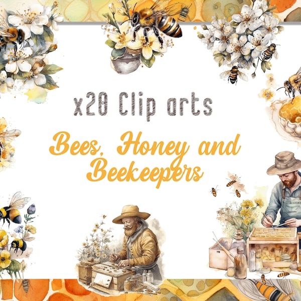 Watercolor Clipart Bees, Honey and Beekeeper Spring Bundle, Watercolor Honey Bees PNG, Commercial use, Instant Digital Download