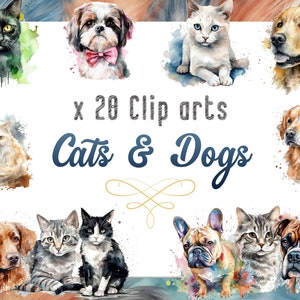 Watercolor Clipart Cats and Dogs, Cute Pets PNG Bundle, Watercolor Drawings Cats and Dogs, Commercial use, Instant Digital Download