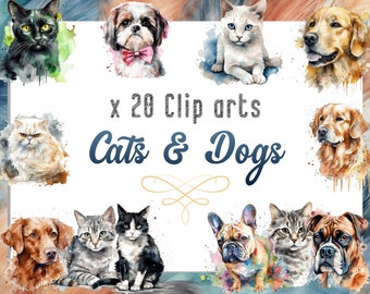 Watercolor Clipart Cats and Dogs, Cute Pets PNG Bundle, Watercolor Drawings Cats and Dogs, Commercial use, Instant Digital Download