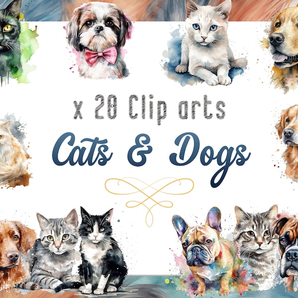 Watercolor Clipart Cats and Dogs, Cute Pets PNG Bundle, Watercolor Drawings Cats and Dogs, Commercial use, Instant Digital Download