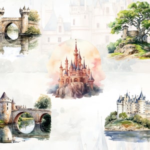May include: Watercolor painting of six different castles and bridges. The castles are in various styles, some with towers and some with spires. The bridges are all arched and made of stone. The painting is done in a soft, romantic style.