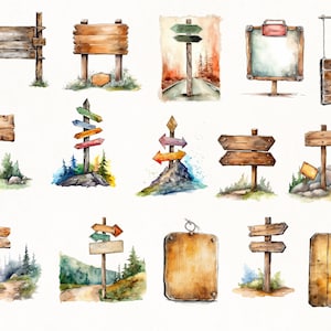 Watercolor Wooden Signs bundle, Cliparts of empty wooden signs, Watercolor PNG of wood signs, Instant Download, Clipart travel image 2