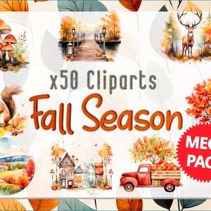 Watercolor Fall Season Clipart bundle, Watercolor Autumn PNG for Scrapbooking or Cards, Mega Pack, Special autumn-themed Illustrations
