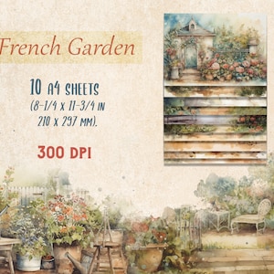 Peut inclure: Dix feuilles de papier numérique représentant une illustration aquarelle d'un jardin français avec un petit chalet, des fleurs et un banc. Les feuilles mesurent 210 x 297 mm et 300 DPI.