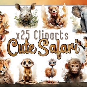 Cute Safari Baby Animals Clipart Illustrations | Safari PNG Clip Art | Lion, Zebra and Monkey Clipart Bundle, Instant Download