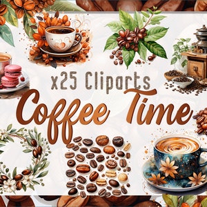 Pacote de clipart de café em aquarela, PNG de café em aquarela para scrapbooking ou cartões, xícara de café e grãos, download instantâneo, uso comercial