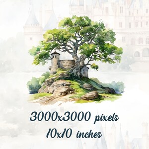 May include: Watercolor painting of a stone tower with a green tree growing on top of it. The tower is on a rocky cliff with green grass and a dirt path. The background is a blurry image of a white castle.