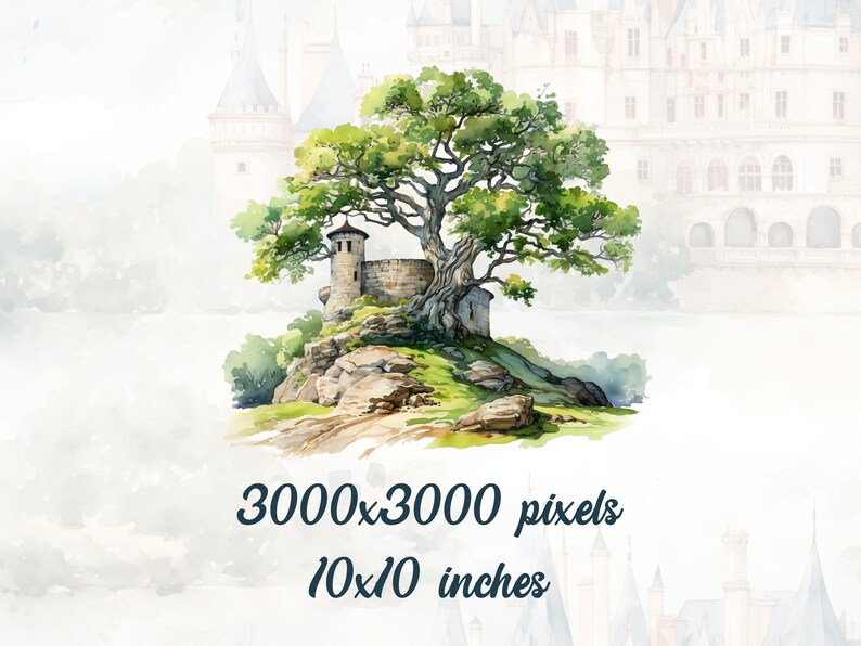 May include: Watercolor painting of a stone tower with a green tree growing on top of it. The tower is on a rocky cliff with green grass and a dirt path. The background is a blurry image of a white castle.