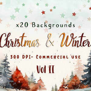 Peut inclure: Une illustration aquarelle d'une scène de forêt hivernale avec des arbres enneigés et un ciel bleu clair. Le texte "x20 Backgrounds Christmas & Winter 300 DPI - Commercial Use Vol II" est écrit en lettres rouges et dorées.