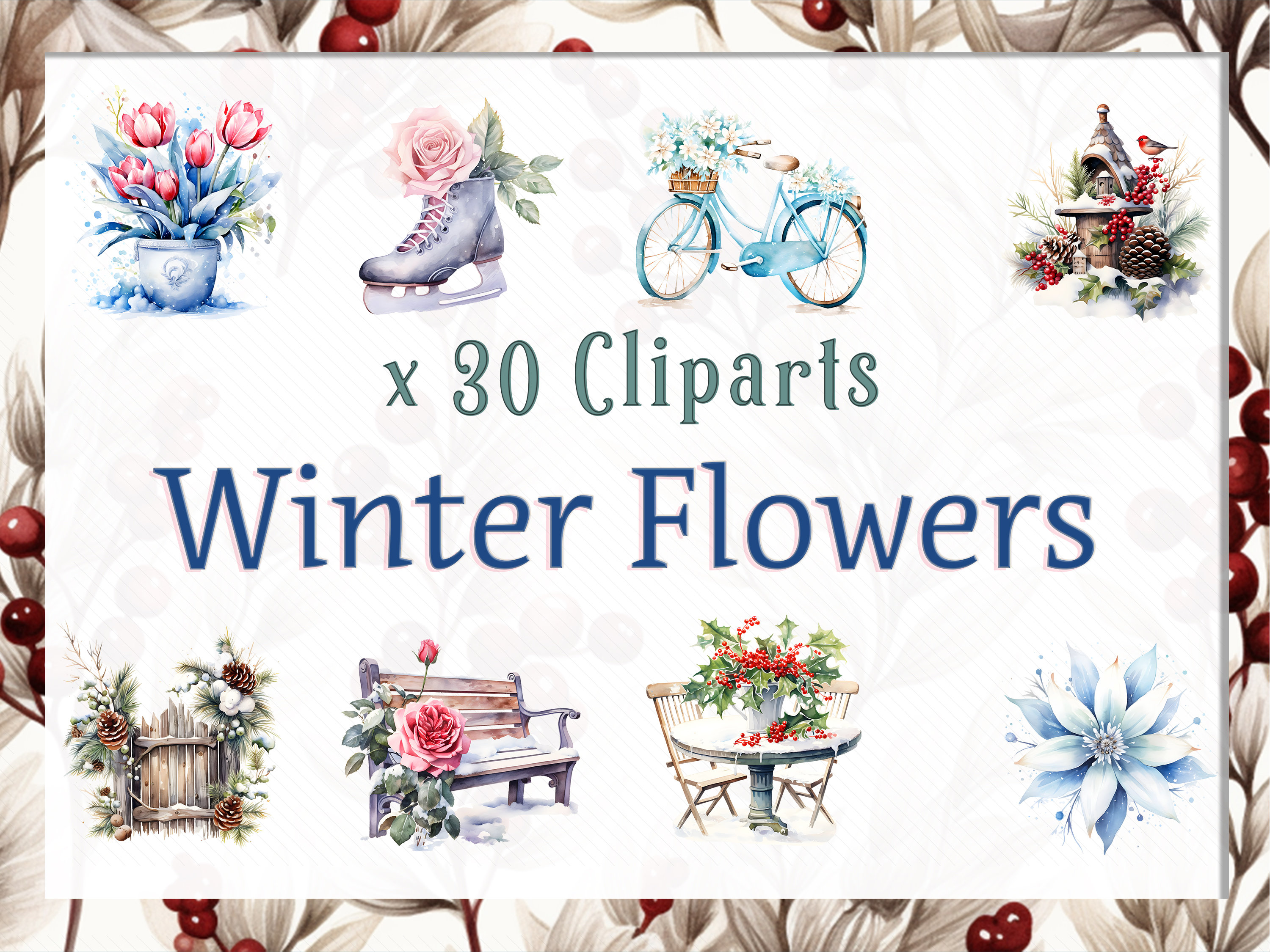 Watercolor Winter Flowers Clipart Bundle, Watercolor Illustrations of Winter Flowers, PNG for ...