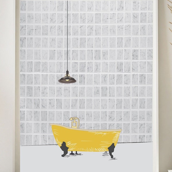 Bathroom Modern Print - Yellow colorful Wall Pop Art Bath Tub Poster Painting Restroom - Home Decor Download