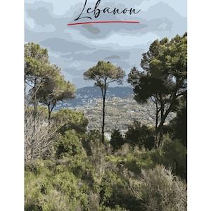 May include: A scenic view of a city in Lebanon, seen from a hillside covered in green trees and shrubs. The word "Lebanon" is written in black cursive across the top of the image.