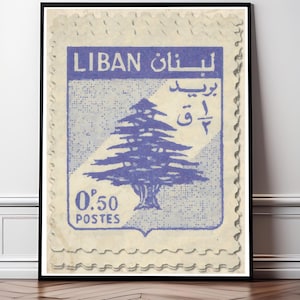 Alte libanesische Briefmarke in blau - Libanesischer moderner Druck, Poster, Wandkunst, digitales Beirut arabisches römisches Plakat Wohnkultur Kalligraphie