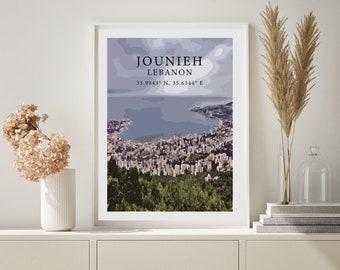 Jounieh Lebanon wall art decor, Minimalist monochrome cityscape, Western Wall poster image, Minimal print at home urban image, Travel lover