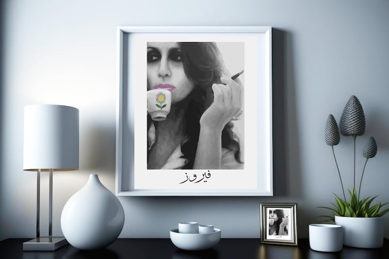 May include: Black and white portrait of a woman holding a teacup with a pink flower design. The text "قريباً" is written in Arabic below the woman.