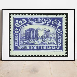 Baalbek Libanon Alte Briefmarke in Blau - Moderne Poster Download, Wand Kunst, Digitales Beirut Arabische Römer Poster Wohnkultur Kalligraphie