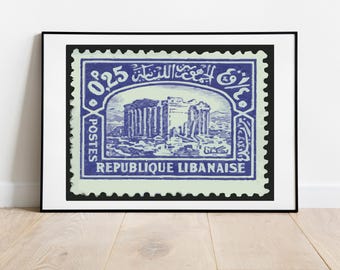 Baalbek Lebanon Old Stamp in Blue - Modern Print Download, Wall Art, Digital Beirut Arab Roman Poster Home decor Calligraphy