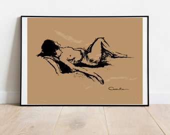 Figuurtekening horizontaal: naaktkunst, schets, kunstafdruk, sensueel schilderij, abstract, galerij Naaktprint, sexy lichaamsdecor, muurafdruk, naakte vrouw