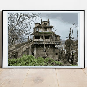 May include: A weathered, abandoned stone house with a large, overgrown yard. The house has a flat roof and several windows, some of which are broken. The yard is covered in green grass and trees.