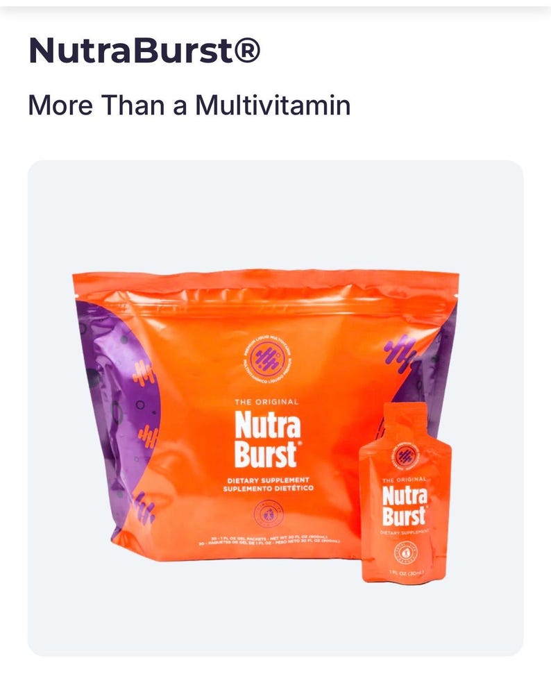 Puede incluir: Un paquete naranja y morado y un sobre de una sola porci&oacute;n del suplemento diet&eacute;tico NutraBurst. El paquete tiene el texto "NutraBurst" y "More Than a Multivitamin". El sobre de una sola porci&oacute;n tambi&eacute;n tiene el texto "NutraBurst".
