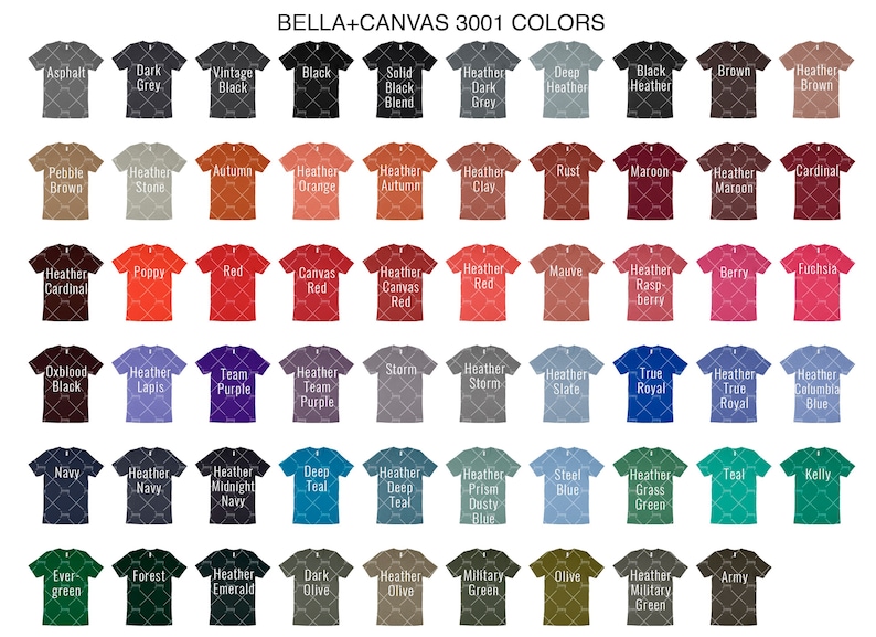 May include: A chart of 36 different Bella + Canvas 3001 t-shirt colors. The colors are arranged in rows and columns, with each color represented by a small image of a t-shirt.