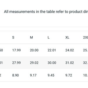 May include: Size chart for a garment with measurements in inches for width, length, and sleeve length. The chart shows sizes from XS to 4XL.