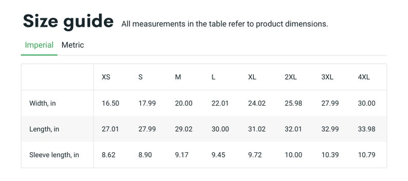 May include: Size chart for a garment with measurements in inches for width, length, and sleeve length. The chart shows sizes from XS to 4XL.
