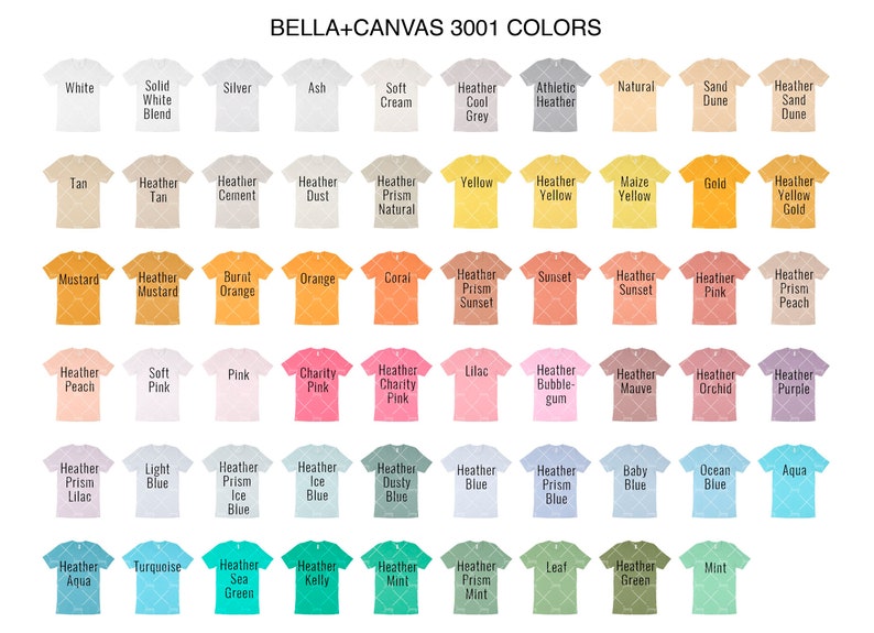 May include: A chart of 36 Bella + Canvas 3001 t-shirt colors. The colors are arranged in rows and columns, with each color represented by a small square. The colors include white, tan, mustard, peach, light blue, turquoise, sea green, kelly green, mint, silver, ash, soft cream, cool grey, athletic heather, natural, sand dune, heather sand dune, heather tan, heather cement, heather dust, heather prism natural, yellow, heather yellow, maize yellow, gold, heather yellow gold, heather mustard, burnt orange, orange, coral, heather prism sunset, sunset, heather sunset, heather pink, heather prism peach, soft pink, pink, charity pink, heather charity pink, lilac, heather bubble gum, heather mauve, heather orchid, heather purple, heather prism lilac, heather prism ice blue, heather ice blue, heather dusty blue, heather blue, heather prism blue, baby blue, ocean blue, aqua, heather aqua, heather sea green, heather kelly, heather mint, heather prism mint, leaf, heather green, mint.