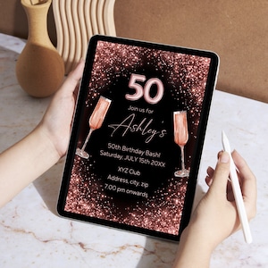 Black and Rose Gold 50th birthday invite digital printable template - instant download, editable text, rose gold glitter design