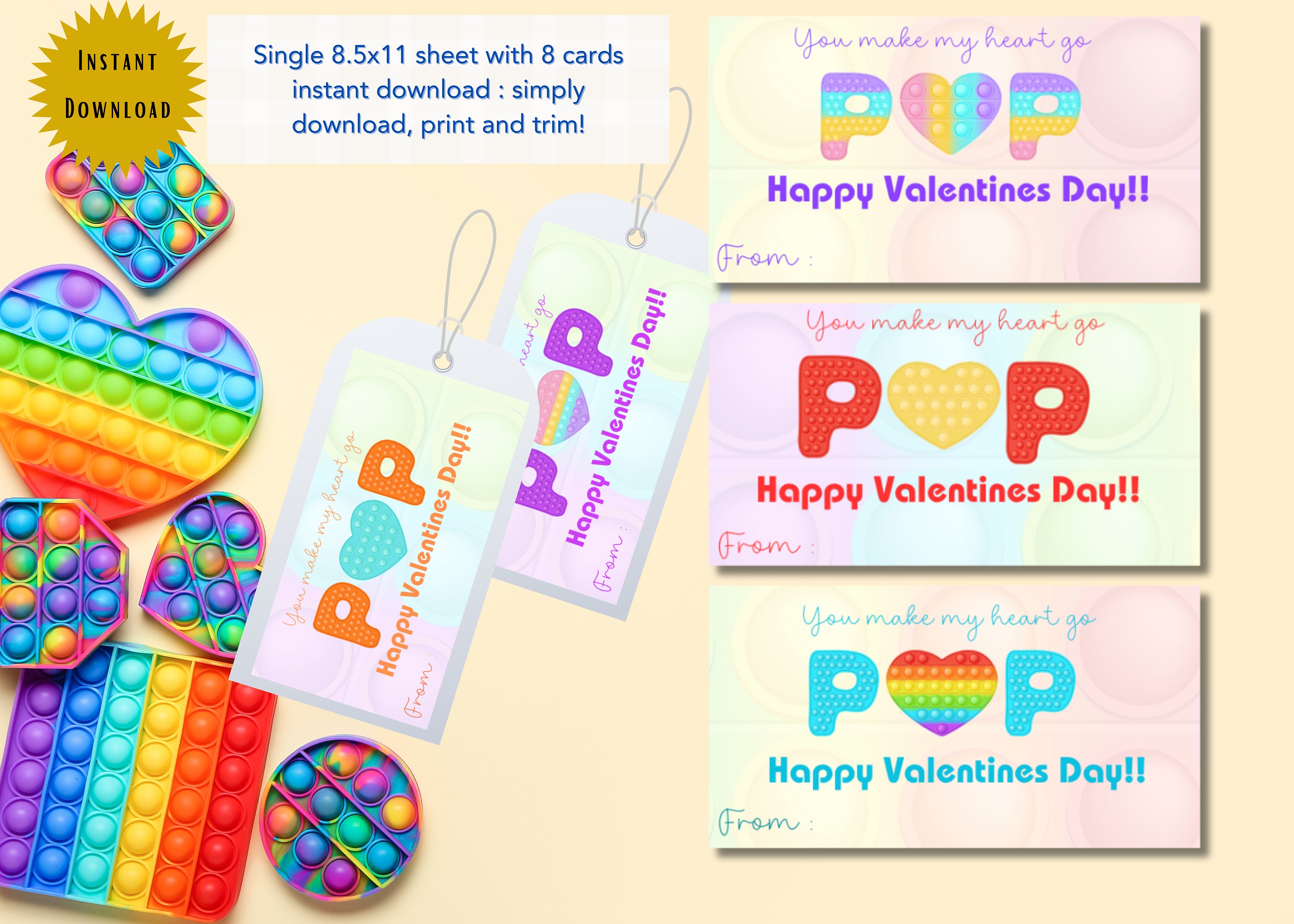 POPIT Valentine Printable Cards Instant Download 2 Sheets Of 8 Cards Pop It And White Back