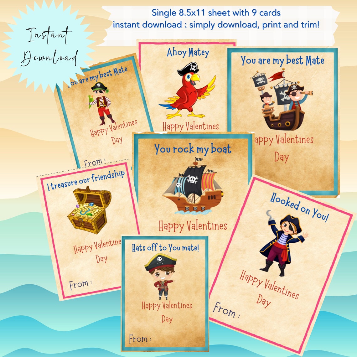 Pirate Valentines Printable Cards Instant Download Single Sheet With 9 ...