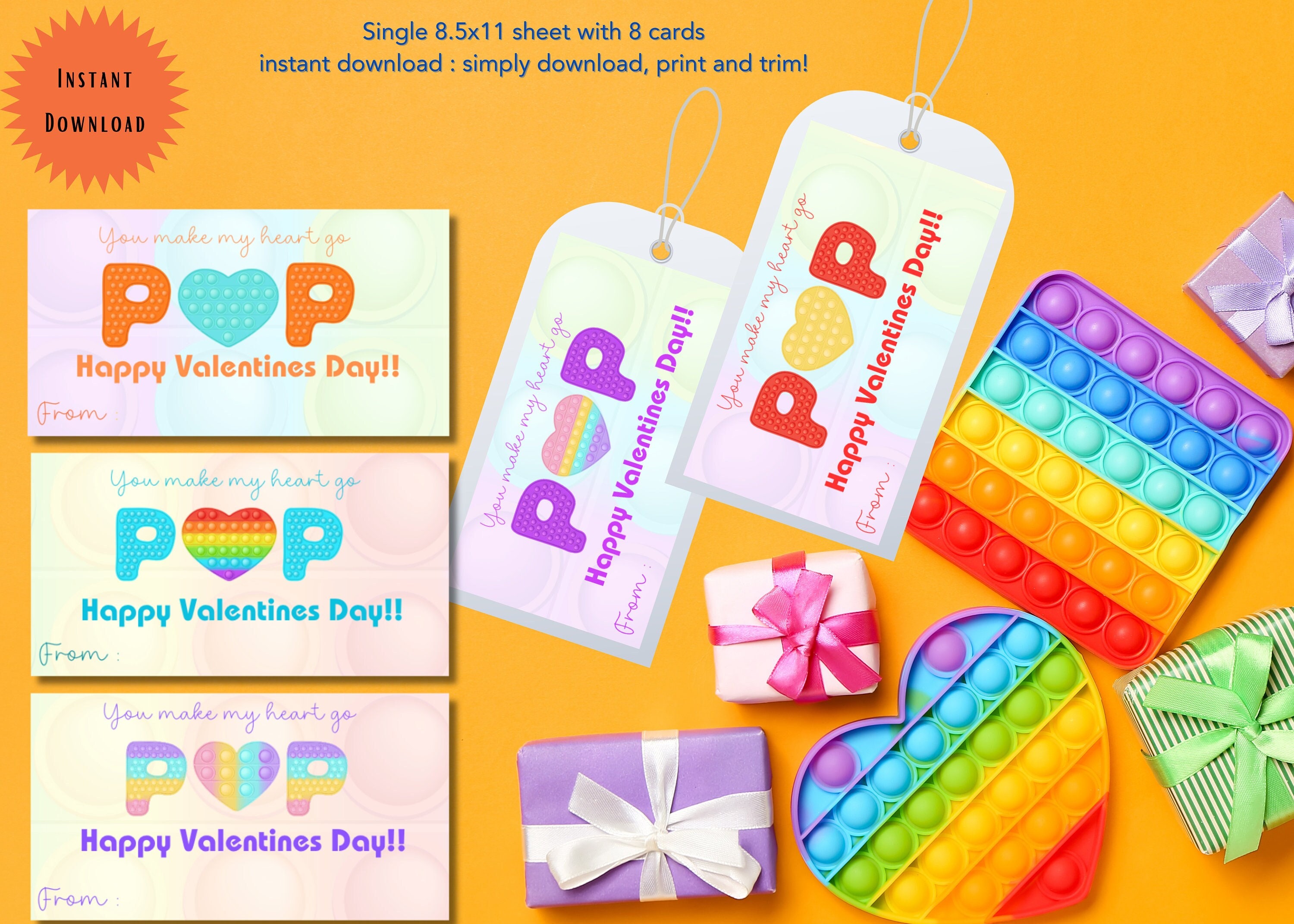 POPIT Valentine Printable Cards Instant Download 2 Sheets Of 8 Cards Pop It And White Back
