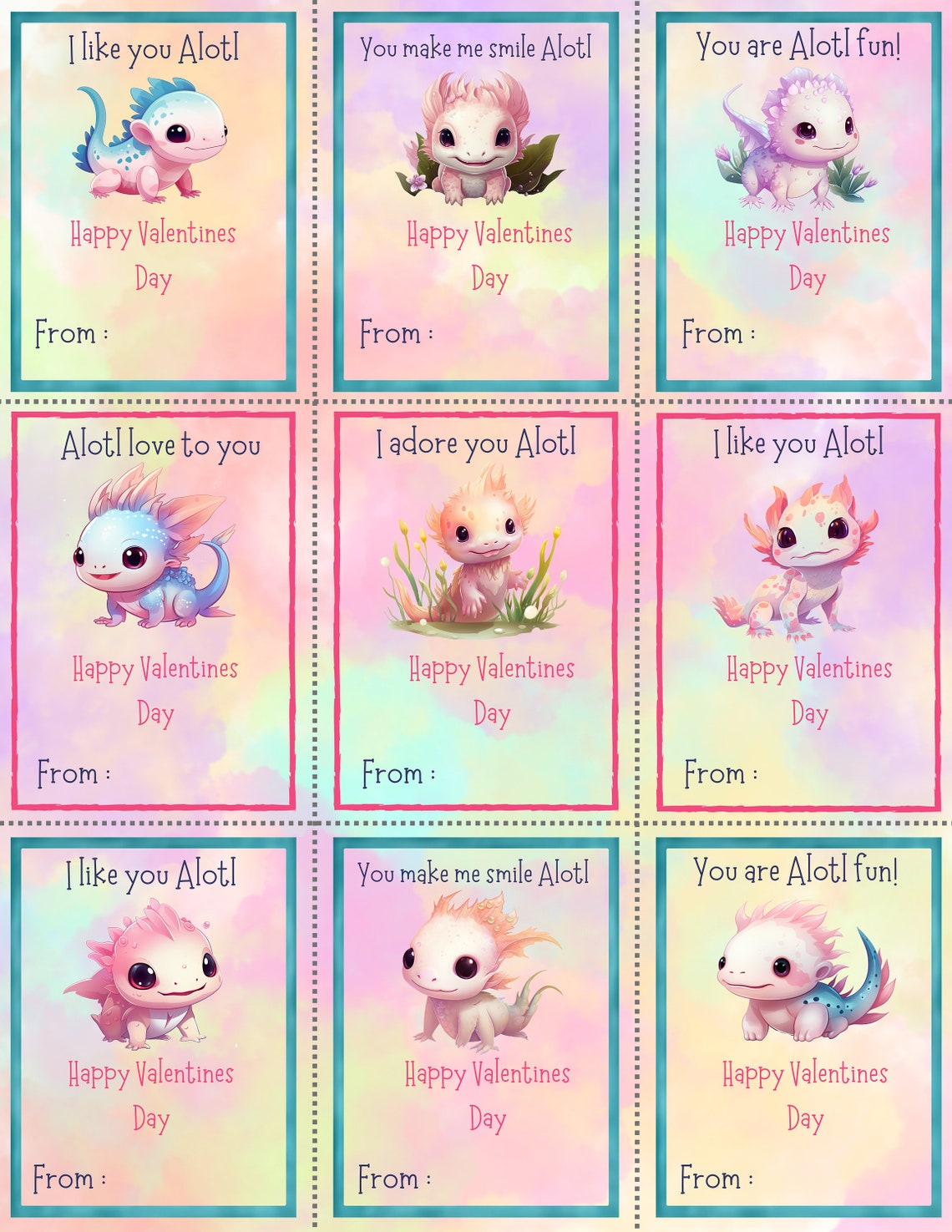 Axolotl Valentines Day Printable Cards/gift Tags/labels Instant ...
