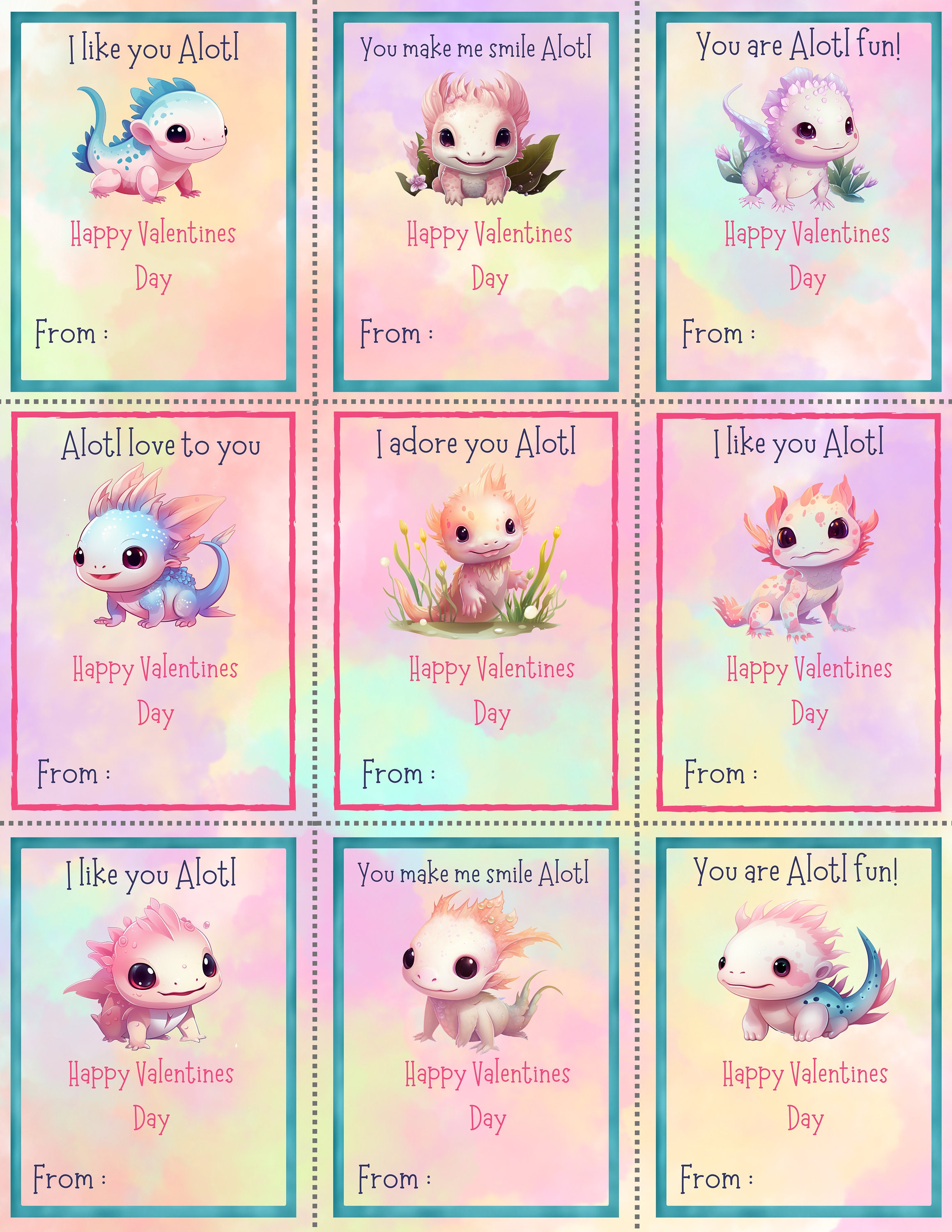 Axolotl Valentines Day Printable Cards/gift Tags/labels Instant ...